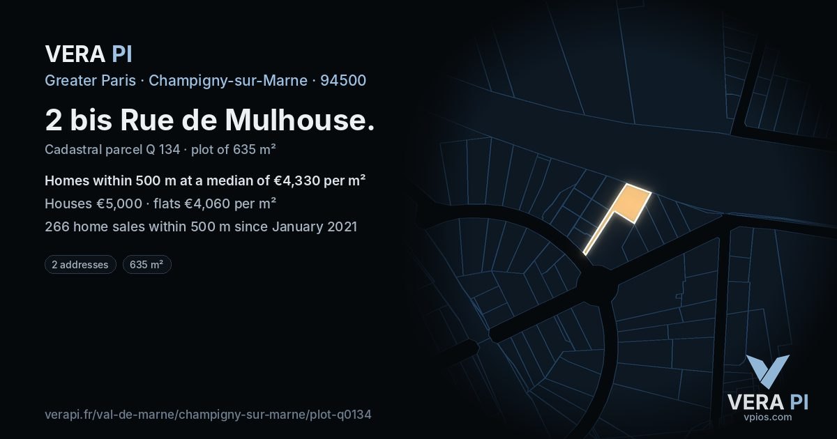 2 bis Rue de Mulhouse, Champigny-sur-Marne at night – the plot lit, the parcels around coloured by the prices near them