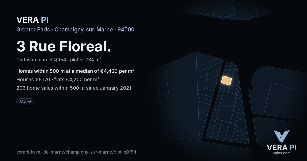 3 Rue Floreal, Champigny-sur-Marne at night – the plot lit, the parcels around coloured by the prices near them