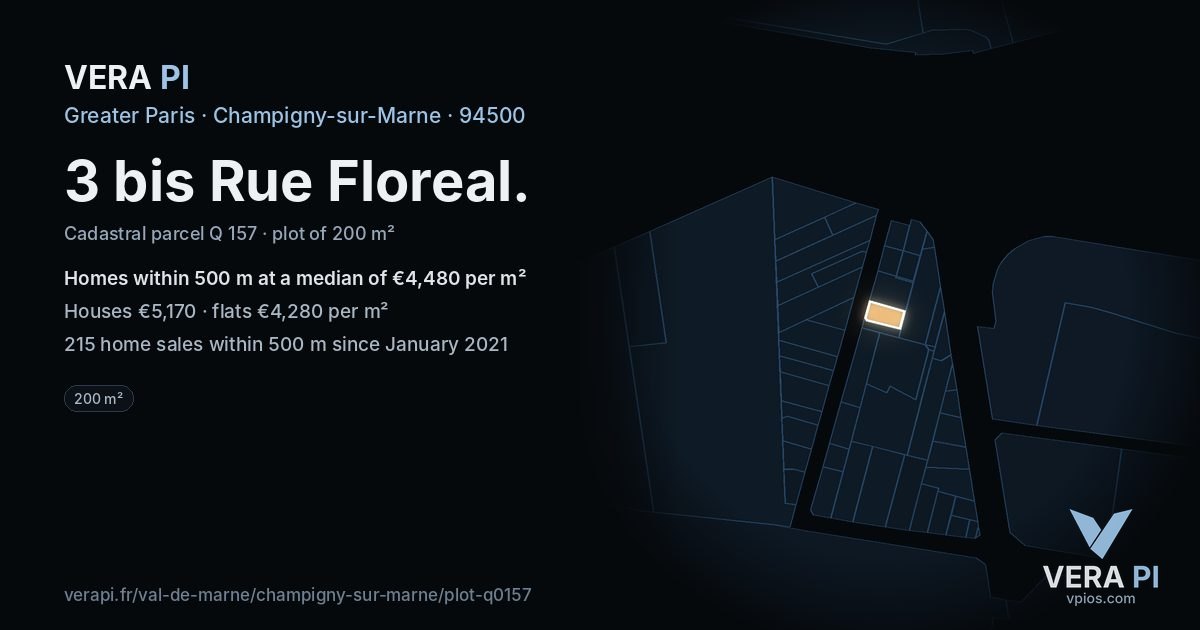 3 bis Rue Floreal, Champigny-sur-Marne at night – the plot lit, the parcels around coloured by the prices near them