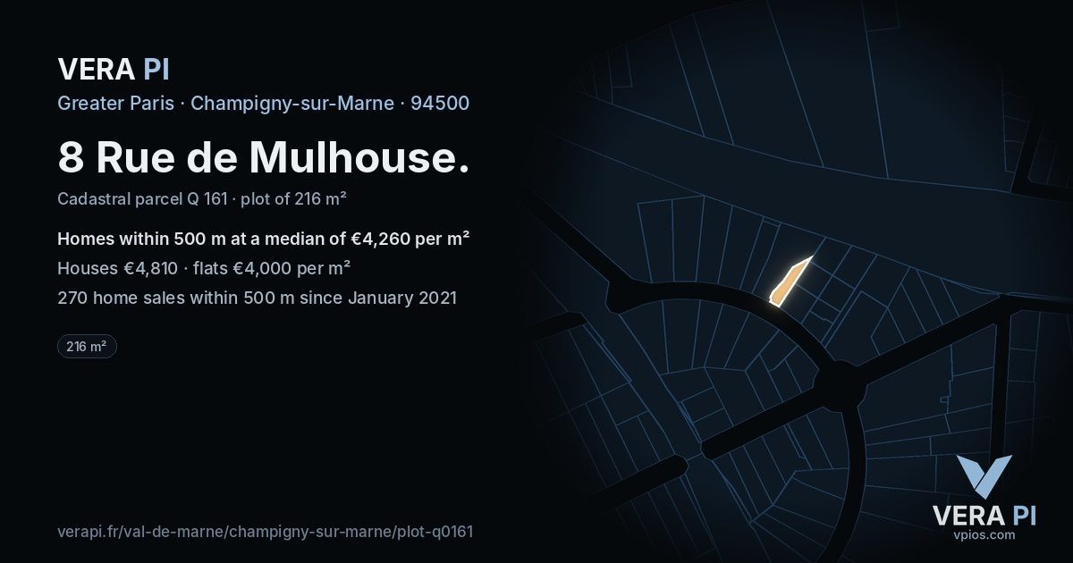 8 Rue de Mulhouse, Champigny-sur-Marne at night – the plot lit, the parcels around coloured by the prices near them