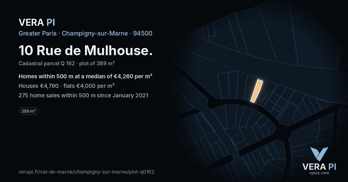 10 Rue de Mulhouse, Champigny-sur-Marne at night – the plot lit, the parcels around coloured by the prices near them