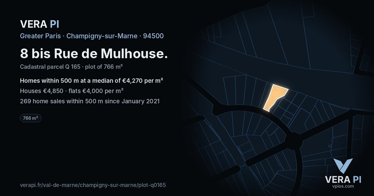 8 bis Rue de Mulhouse, Champigny-sur-Marne at night – the plot lit, the parcels around coloured by the prices near them