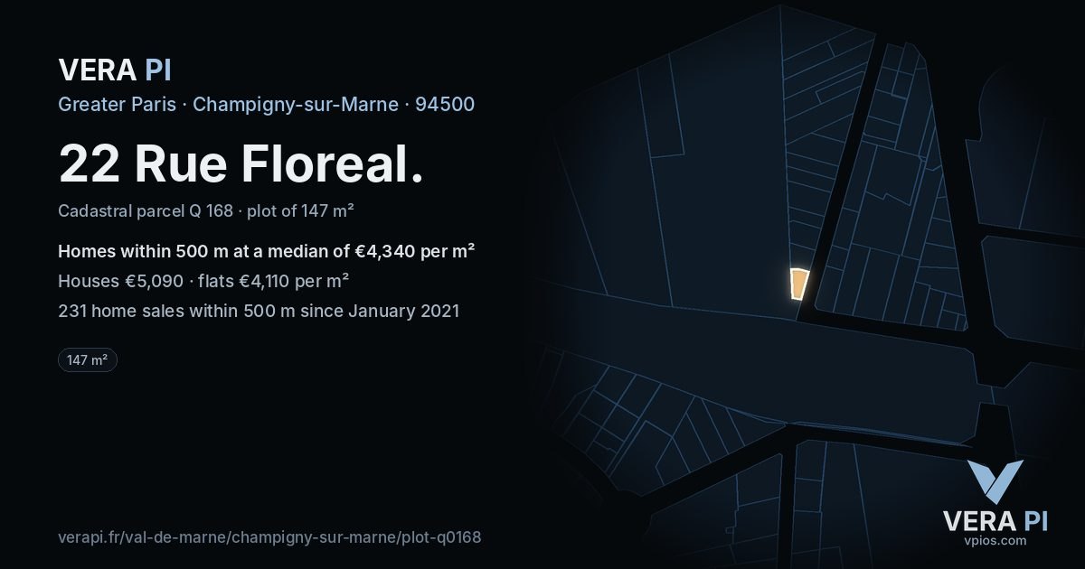 22 Rue Floreal, Champigny-sur-Marne at night – the plot lit, the parcels around coloured by the prices near them