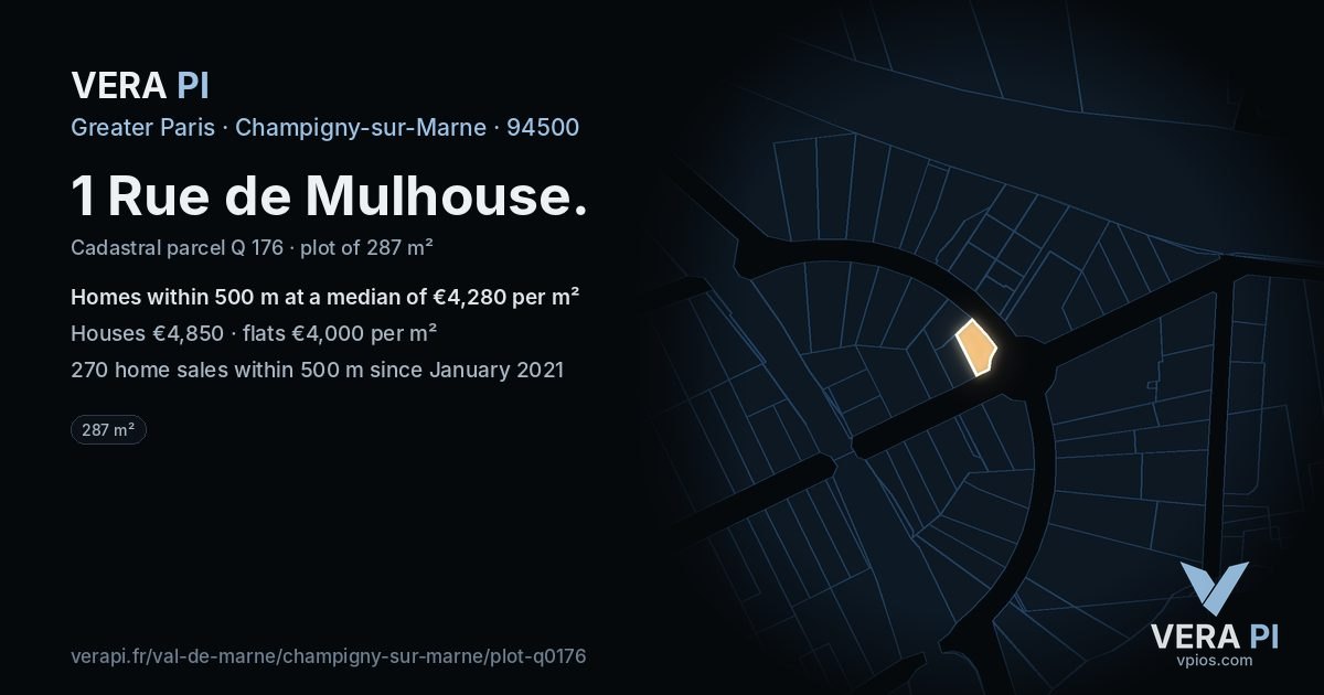 1 Rue de Mulhouse, Champigny-sur-Marne at night – the plot lit, the parcels around coloured by the prices near them