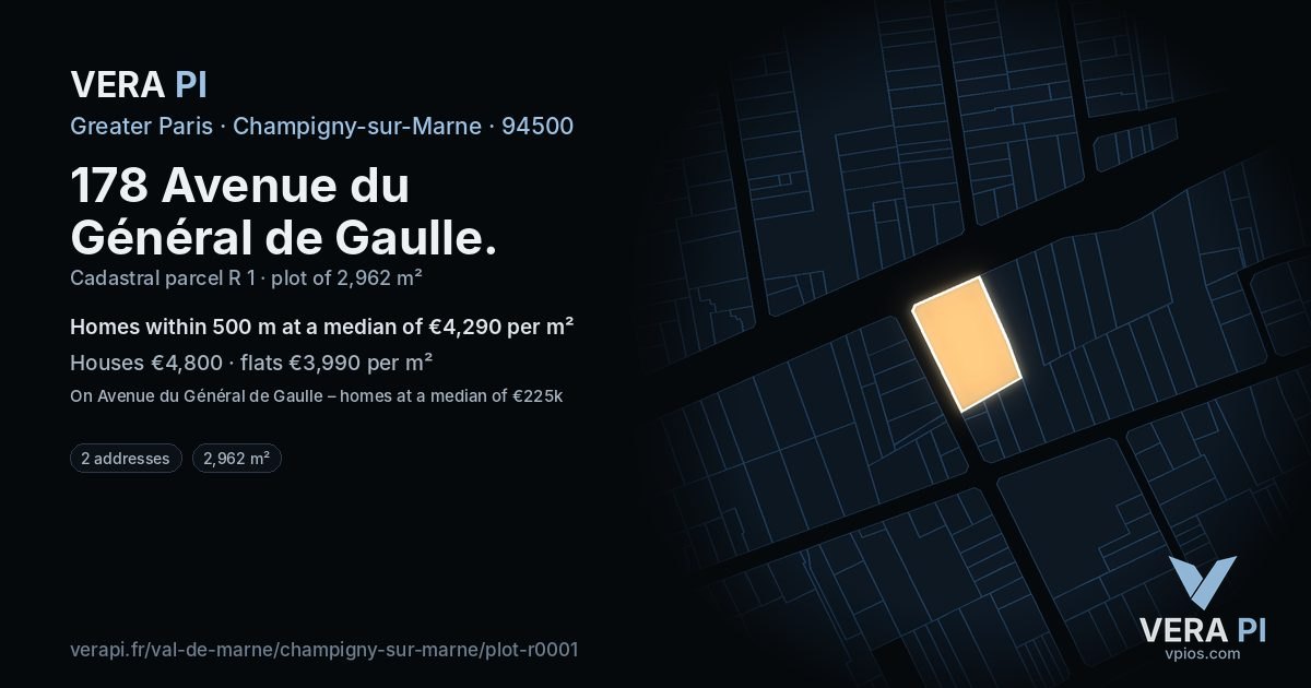 178 Avenue du Général de Gaulle, Champigny-sur-Marne at night – the plot lit, the parcels around coloured by the prices near them