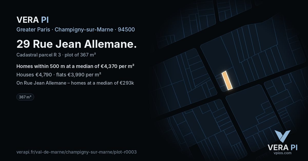29 Rue Jean Allemane, Champigny-sur-Marne at night – the plot lit, the parcels around coloured by the prices near them