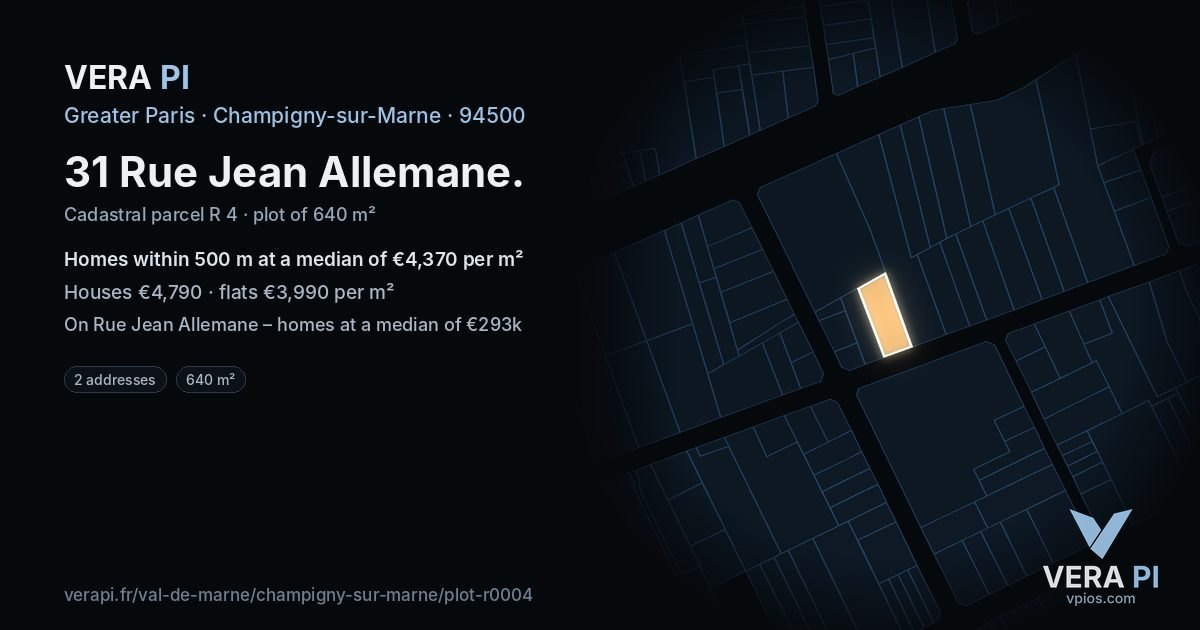 31 Rue Jean Allemane, Champigny-sur-Marne at night – the plot lit, the parcels around coloured by the prices near them