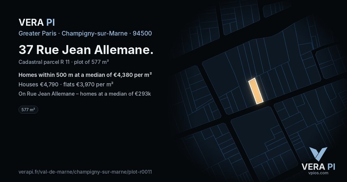 37 Rue Jean Allemane, Champigny-sur-Marne at night – the plot lit, the parcels around coloured by the prices near them