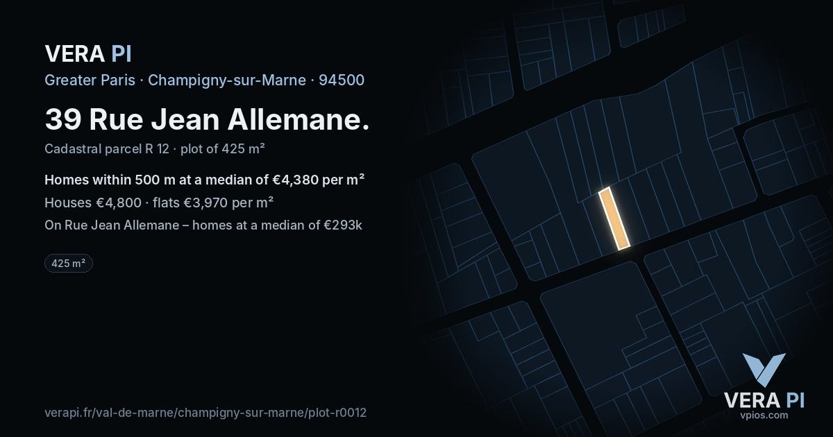 39 Rue Jean Allemane, Champigny-sur-Marne at night – the plot lit, the parcels around coloured by the prices near them