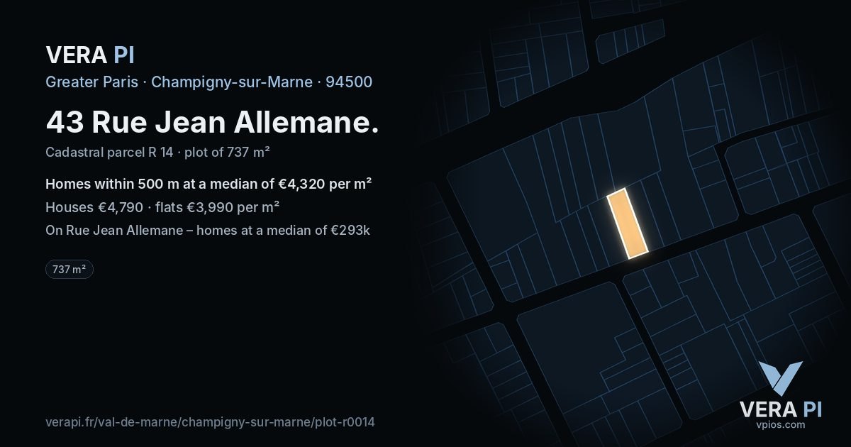 43 Rue Jean Allemane, Champigny-sur-Marne at night – the plot lit, the parcels around coloured by the prices near them