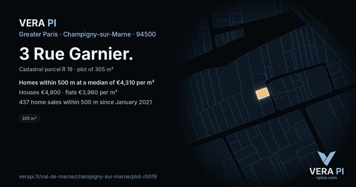 3 Rue Garnier, Champigny-sur-Marne at night – the plot lit, the parcels around coloured by the prices near them