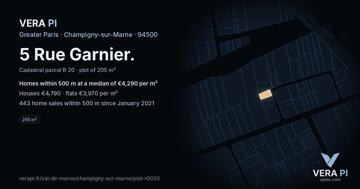 5 Rue Garnier, Champigny-sur-Marne at night – the plot lit, the parcels around coloured by the prices near them