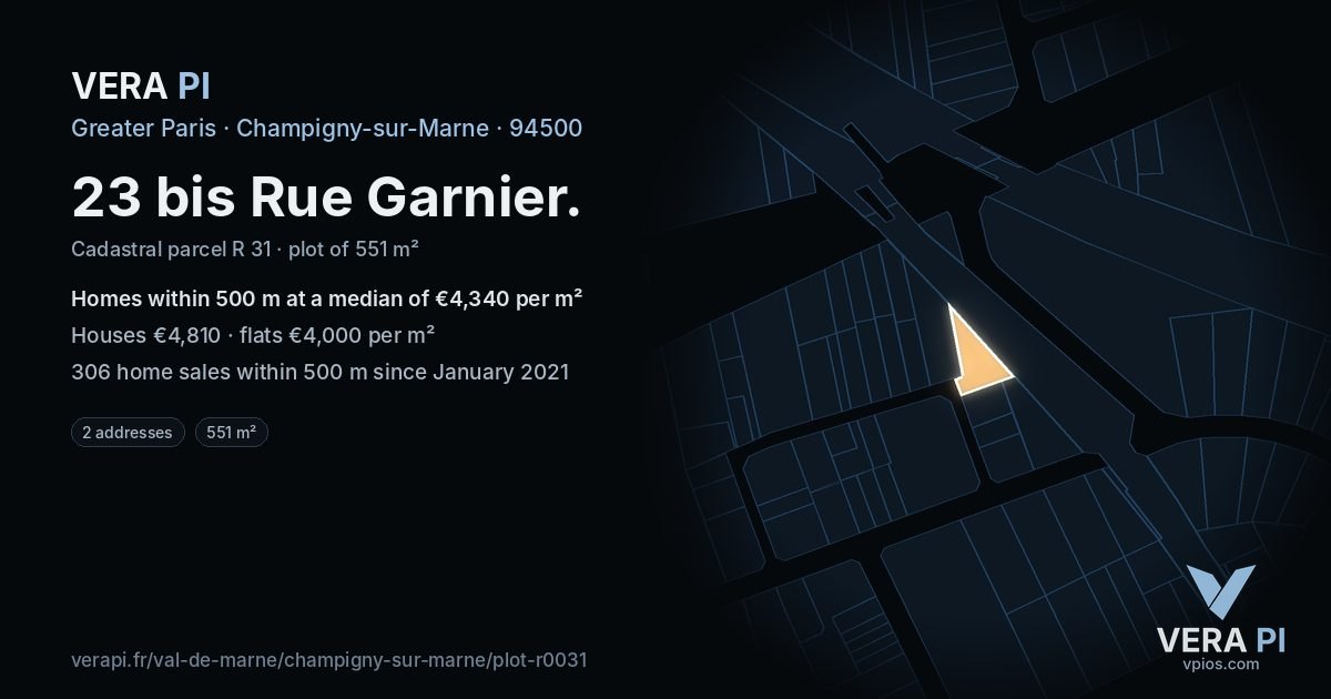 23 bis Rue Garnier, Champigny-sur-Marne at night – the plot lit, the parcels around coloured by the prices near them