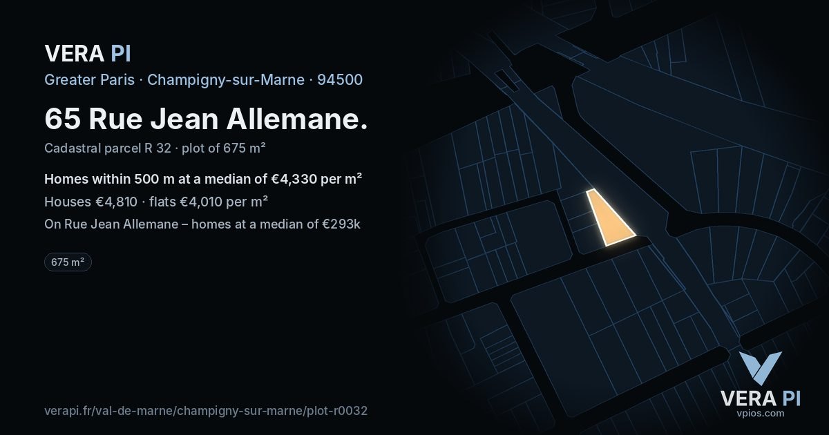 65 Rue Jean Allemane, Champigny-sur-Marne at night – the plot lit, the parcels around coloured by the prices near them