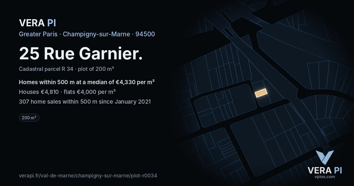 25 Rue Garnier, Champigny-sur-Marne at night – the plot lit, the parcels around coloured by the prices near them