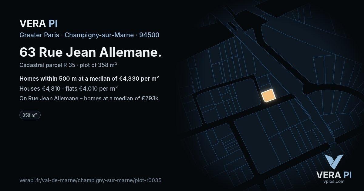 63 Rue Jean Allemane, Champigny-sur-Marne at night – the plot lit, the parcels around coloured by the prices near them