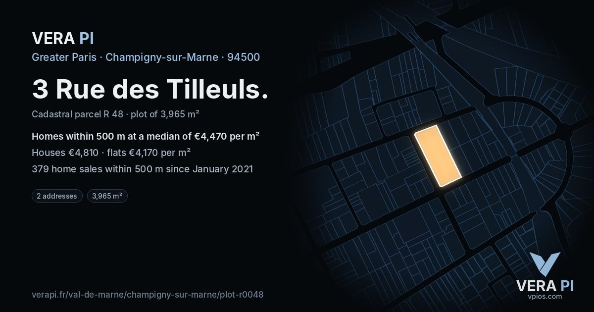3 Rue des Tilleuls, Champigny-sur-Marne at night – the plot lit, the parcels around coloured by the prices near them