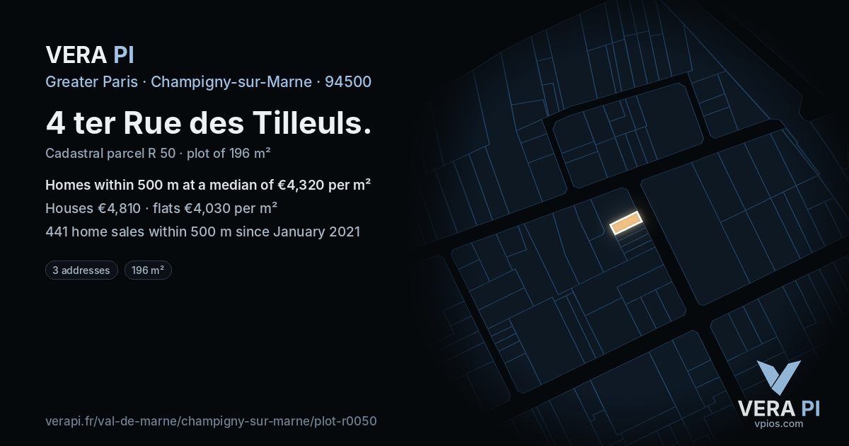 4 ter Rue des Tilleuls, Champigny-sur-Marne at night – the plot lit, the parcels around coloured by the prices near them