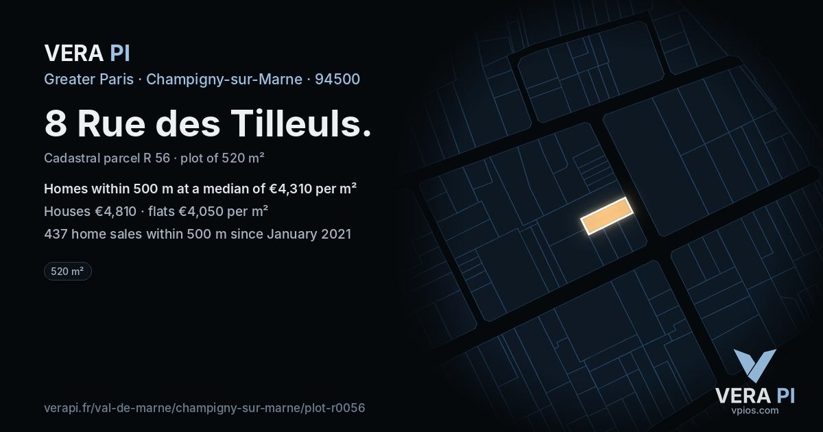 8 Rue des Tilleuls, Champigny-sur-Marne at night – the plot lit, the parcels around coloured by the prices near them