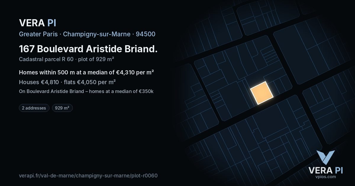 167 Boulevard Aristide Briand, Champigny-sur-Marne at night – the plot lit, the parcels around coloured by the prices near them