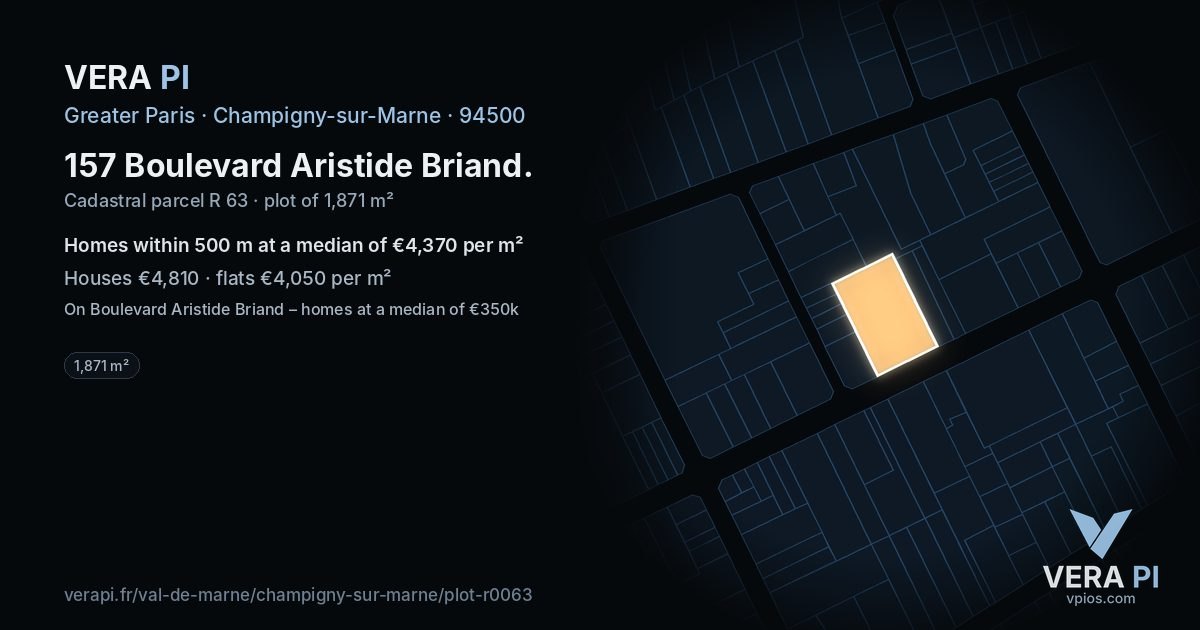 157 Boulevard Aristide Briand, Champigny-sur-Marne at night – the plot lit, the parcels around coloured by the prices near them