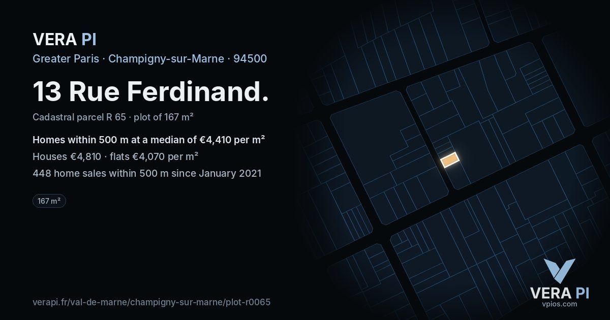 13 Rue Ferdinand, Champigny-sur-Marne at night – the plot lit, the parcels around coloured by the prices near them
