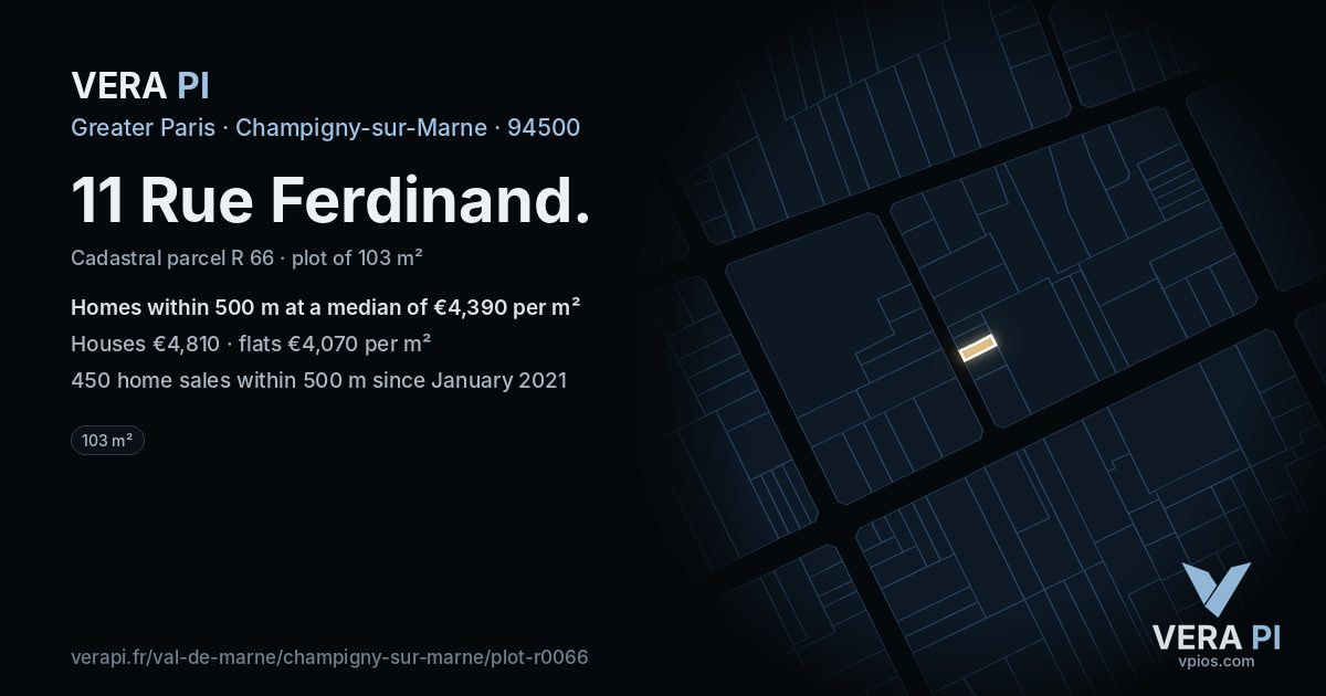 11 Rue Ferdinand, Champigny-sur-Marne at night – the plot lit, the parcels around coloured by the prices near them
