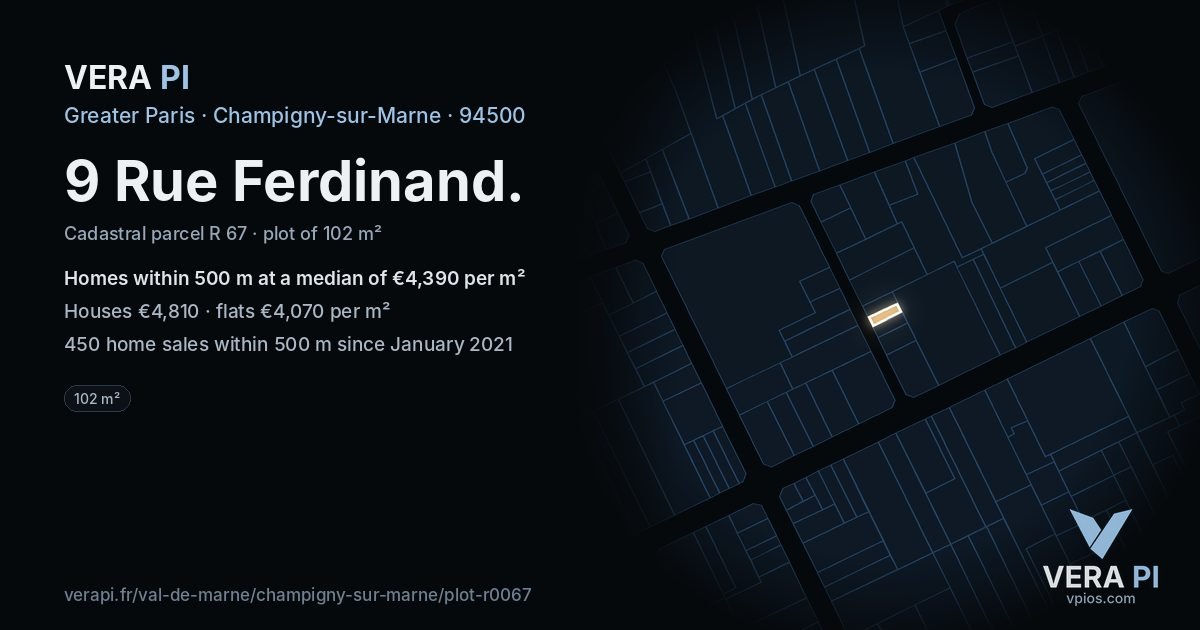 9 Rue Ferdinand, Champigny-sur-Marne at night – the plot lit, the parcels around coloured by the prices near them