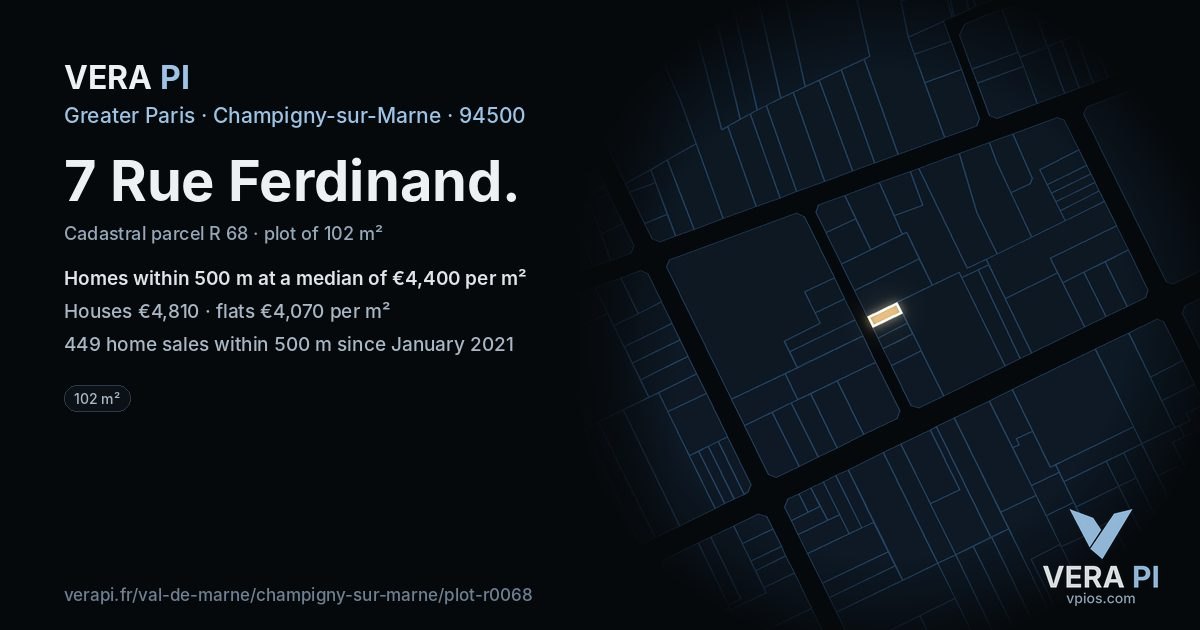 7 Rue Ferdinand, Champigny-sur-Marne at night – the plot lit, the parcels around coloured by the prices near them