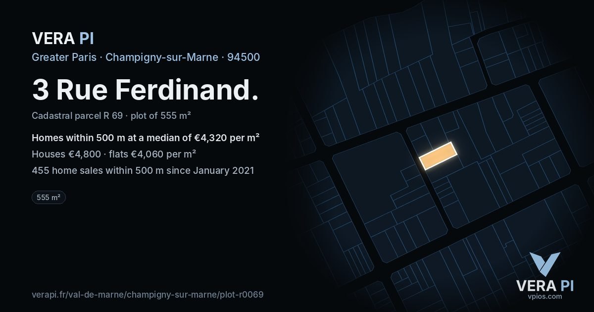 3 Rue Ferdinand, Champigny-sur-Marne at night – the plot lit, the parcels around coloured by the prices near them