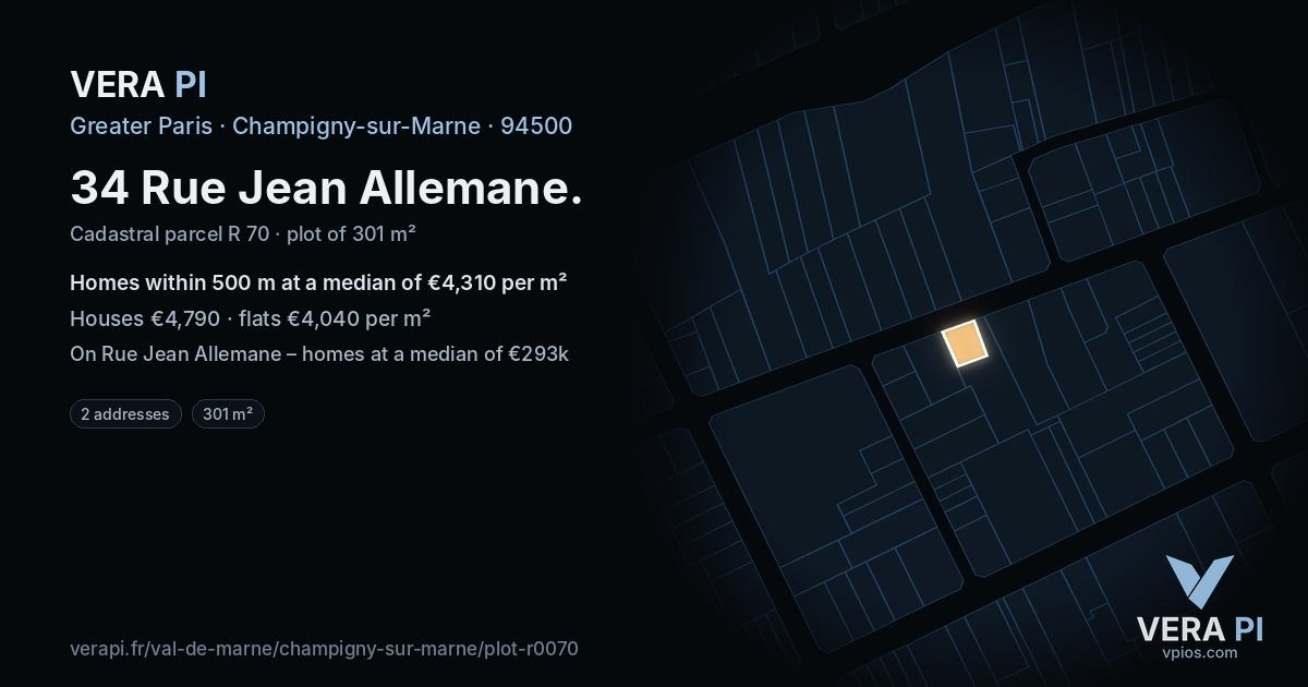 34 Rue Jean Allemane, Champigny-sur-Marne at night – the plot lit, the parcels around coloured by the prices near them