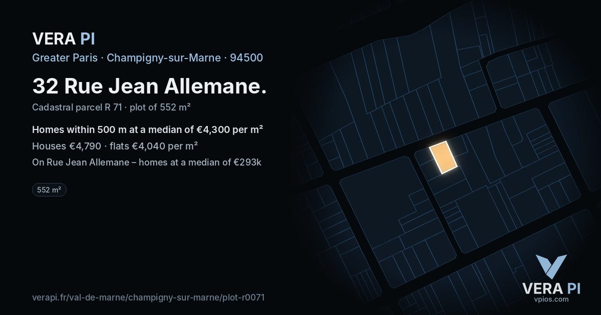 32 Rue Jean Allemane, Champigny-sur-Marne at night – the plot lit, the parcels around coloured by the prices near them
