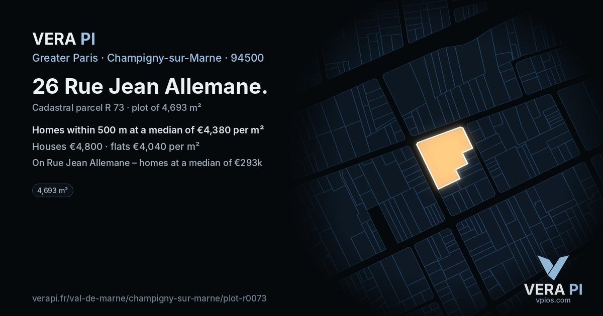 26 Rue Jean Allemane, Champigny-sur-Marne at night – the plot lit, the parcels around coloured by the prices near them