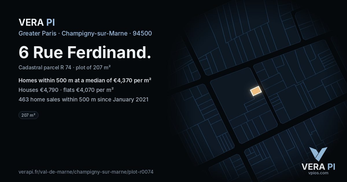 6 Rue Ferdinand, Champigny-sur-Marne at night – the plot lit, the parcels around coloured by the prices near them