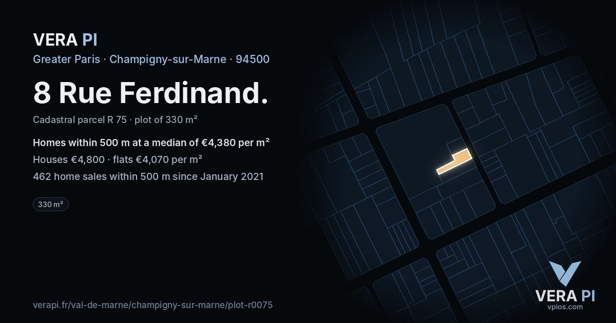 8 Rue Ferdinand, Champigny-sur-Marne at night – the plot lit, the parcels around coloured by the prices near them