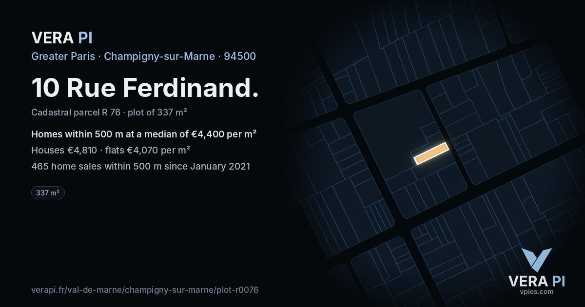 10 Rue Ferdinand, Champigny-sur-Marne at night – the plot lit, the parcels around coloured by the prices near them