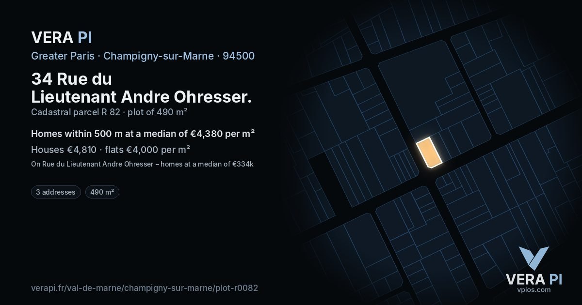34 Rue du Lieutenant Andre Ohresser, Champigny-sur-Marne at night – the plot lit, the parcels around coloured by the prices near them