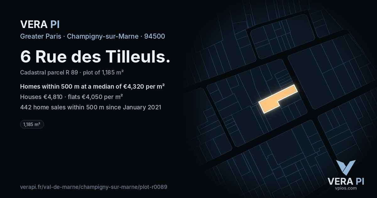 6 Rue des Tilleuls, Champigny-sur-Marne at night – the plot lit, the parcels around coloured by the prices near them