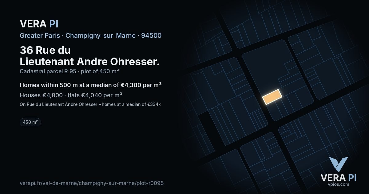 36 Rue du Lieutenant Andre Ohresser, Champigny-sur-Marne at night – the plot lit, the parcels around coloured by the prices near them