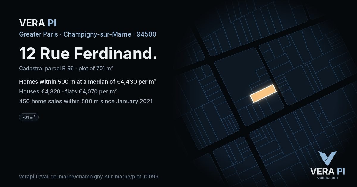 12 Rue Ferdinand, Champigny-sur-Marne at night – the plot lit, the parcels around coloured by the prices near them