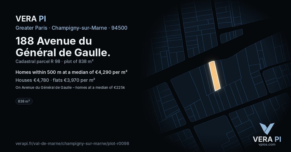 188 Avenue du Général de Gaulle, Champigny-sur-Marne at night – the plot lit, the parcels around coloured by the prices near them