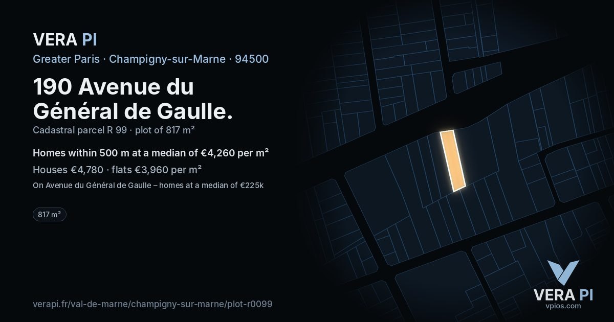 190 Avenue du Général de Gaulle, Champigny-sur-Marne at night – the plot lit, the parcels around coloured by the prices near them