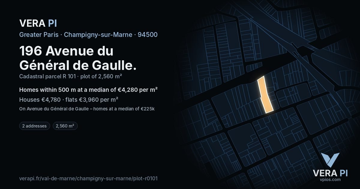 196 Avenue du Général de Gaulle, Champigny-sur-Marne at night – the plot lit, the parcels around coloured by the prices near them