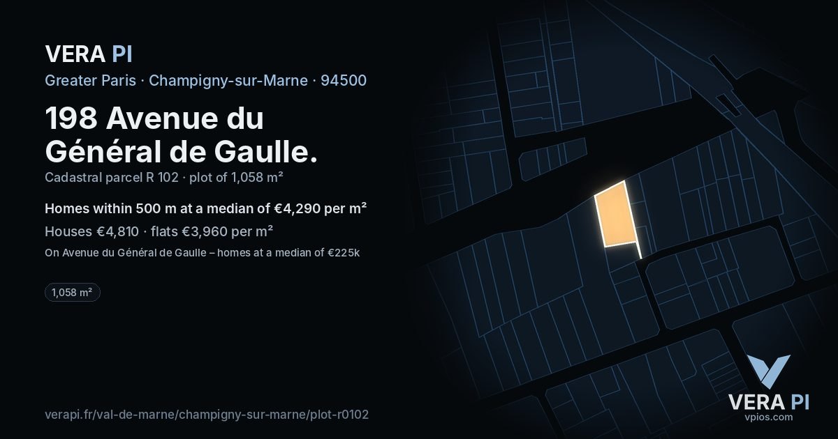 198 Avenue du Général de Gaulle, Champigny-sur-Marne at night – the plot lit, the parcels around coloured by the prices near them