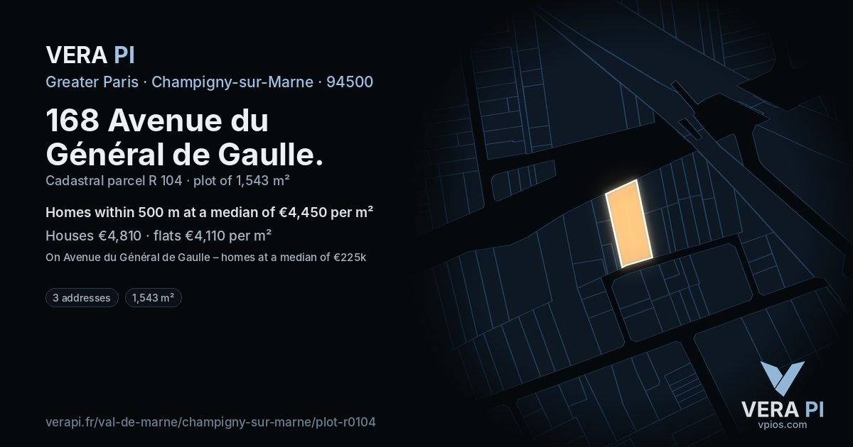 168 Avenue du Général de Gaulle, Champigny-sur-Marne at night – the plot lit, the parcels around coloured by the prices near them