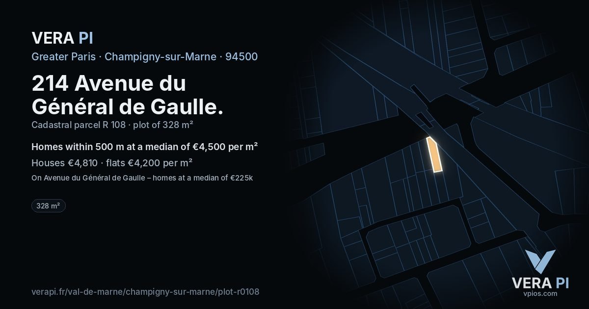 214 Avenue du Général de Gaulle, Champigny-sur-Marne at night – the plot lit, the parcels around coloured by the prices near them