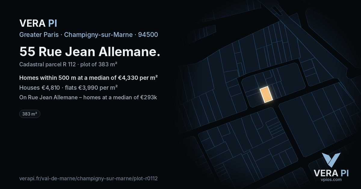 55 Rue Jean Allemane, Champigny-sur-Marne at night – the plot lit, the parcels around coloured by the prices near them