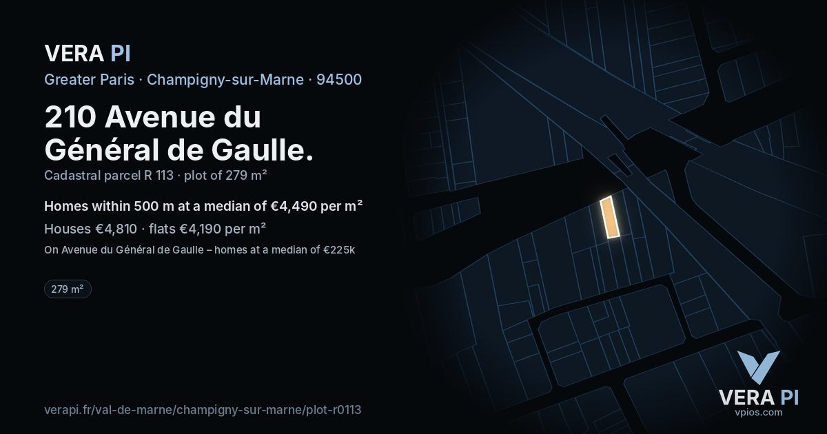210 Avenue du Général de Gaulle, Champigny-sur-Marne at night – the plot lit, the parcels around coloured by the prices near them