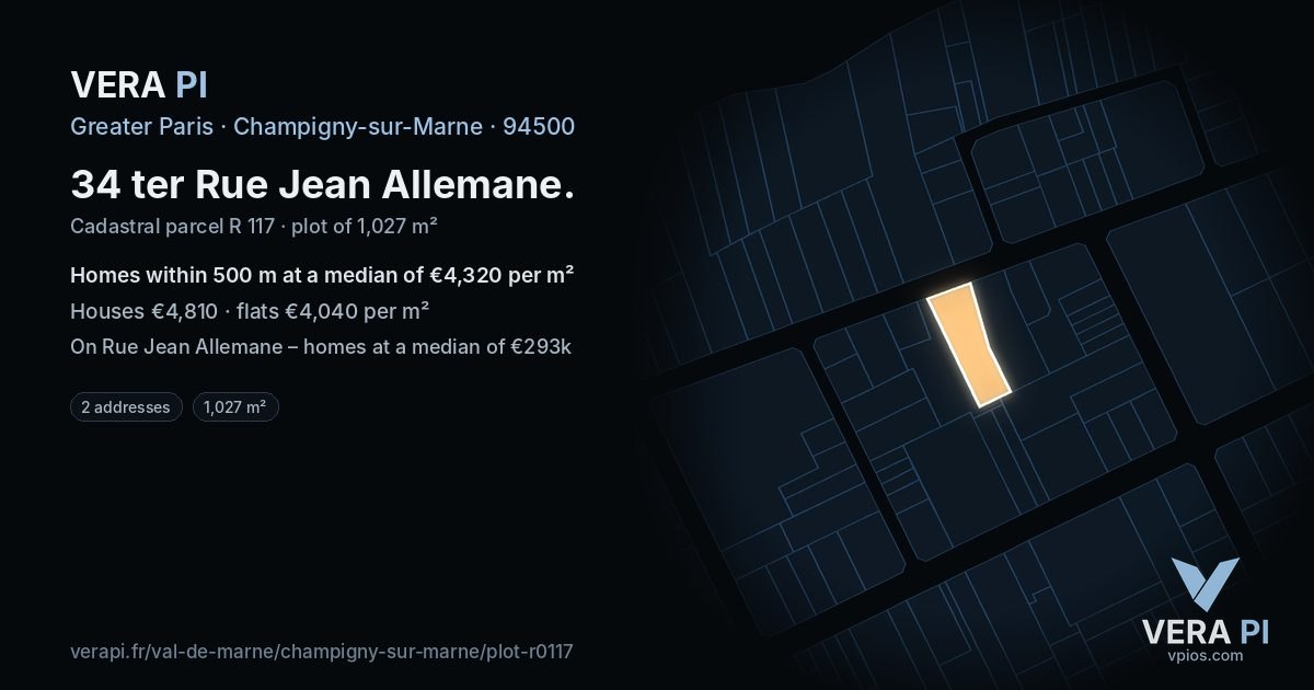 34 ter Rue Jean Allemane, Champigny-sur-Marne at night – the plot lit, the parcels around coloured by the prices near them