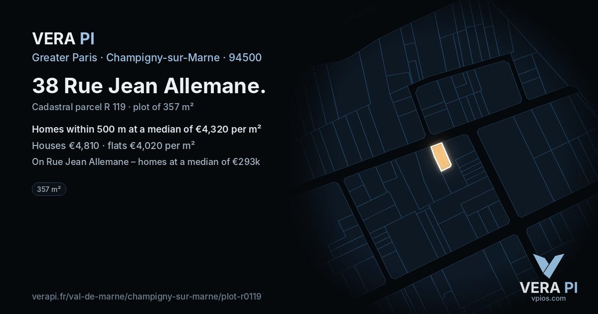 38 Rue Jean Allemane, Champigny-sur-Marne at night – the plot lit, the parcels around coloured by the prices near them